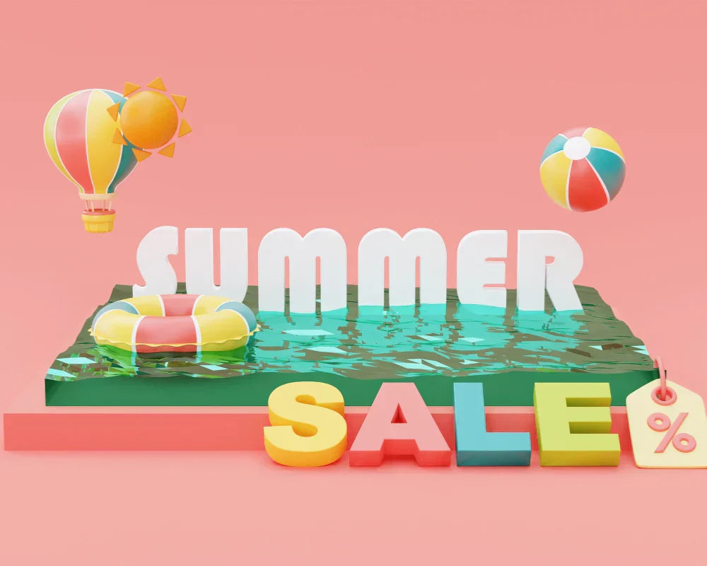 3D summer sale graphic with colorful text, hot air balloon, beach ball, and lifebuoy on a water platform with a pink background.