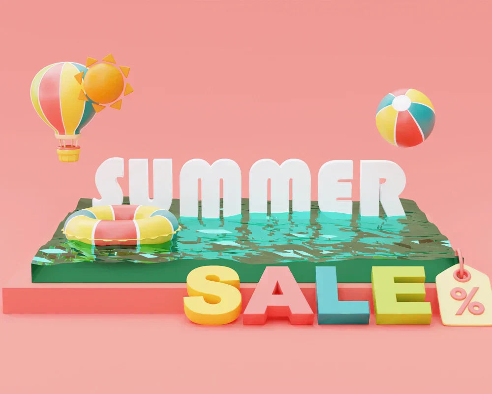 3D summer sale graphic with colorful text, hot air balloon, beach ball, and lifebuoy on a water platform with a pink background.