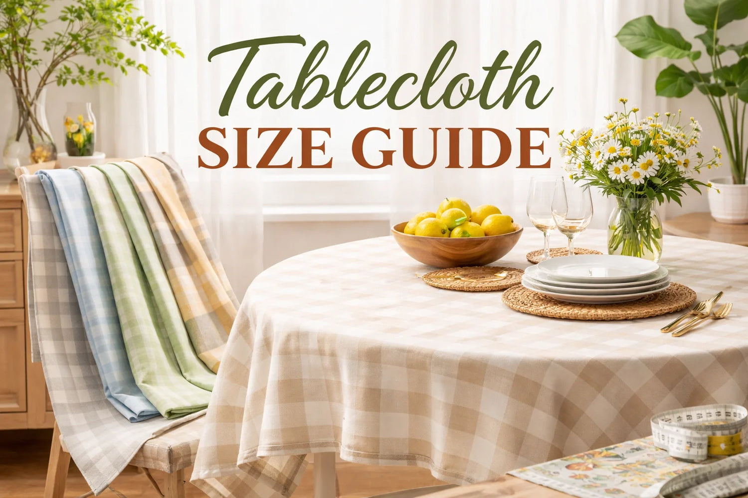 Tablecloth size guide with a table set for a meal, including a checkered tablecloth and plaid chair cover.