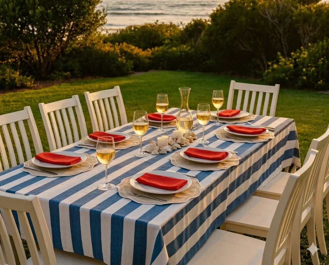 Outdoor dining setup with a striped tablecloth, red napkins, and glasses of wine by the sea showcases home decor transition from spring to summer.