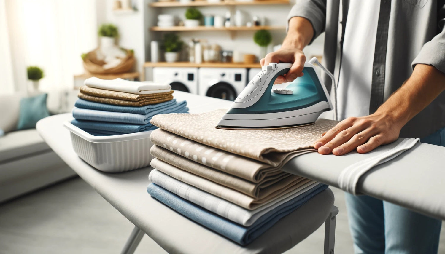  A close-up view of cloth napkins being ironed on an ironing board. The setting includes a modern iron, a stack of neatly folded napkins.