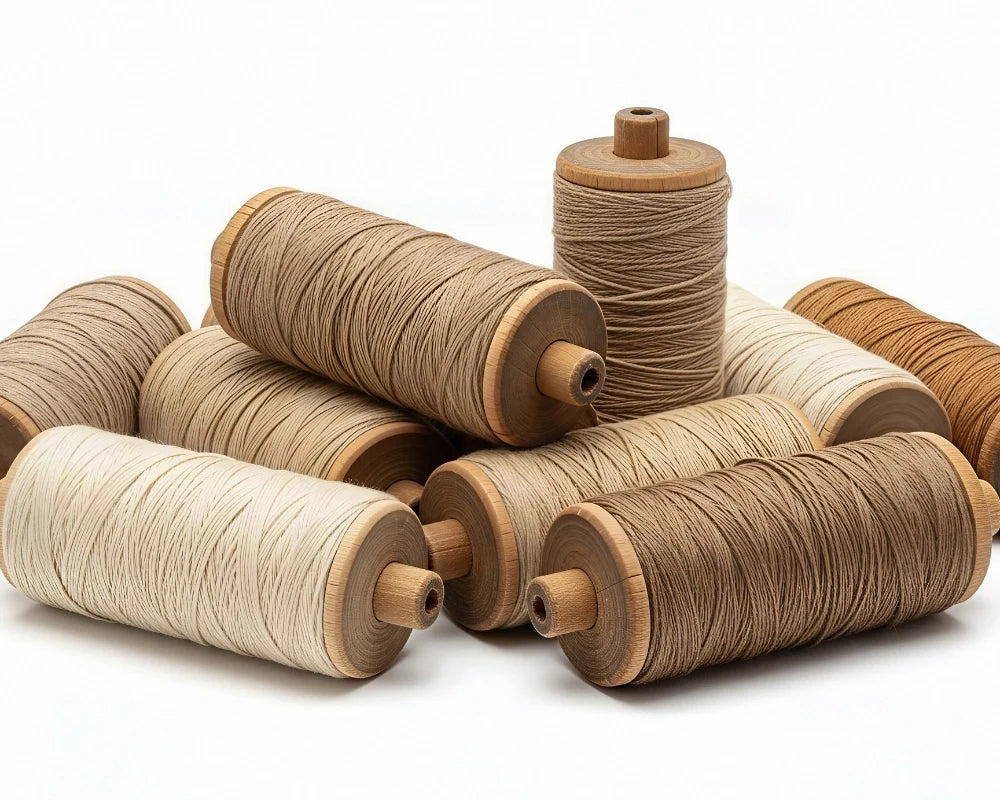 Spools of linen thread on wooden spools against a white background