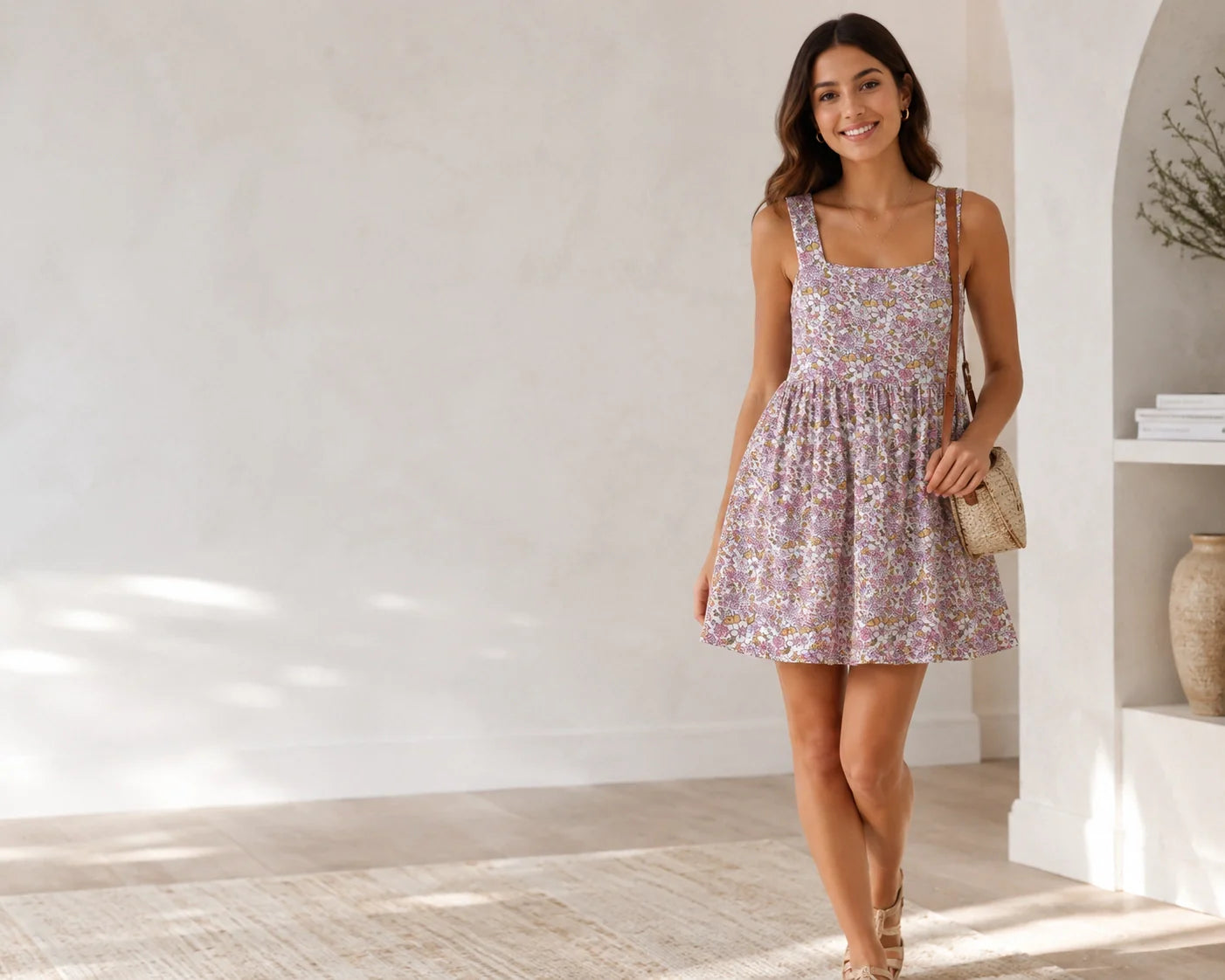 Woman wearing a floral mini dress standing in a bright room with a white wall and wooden floor.