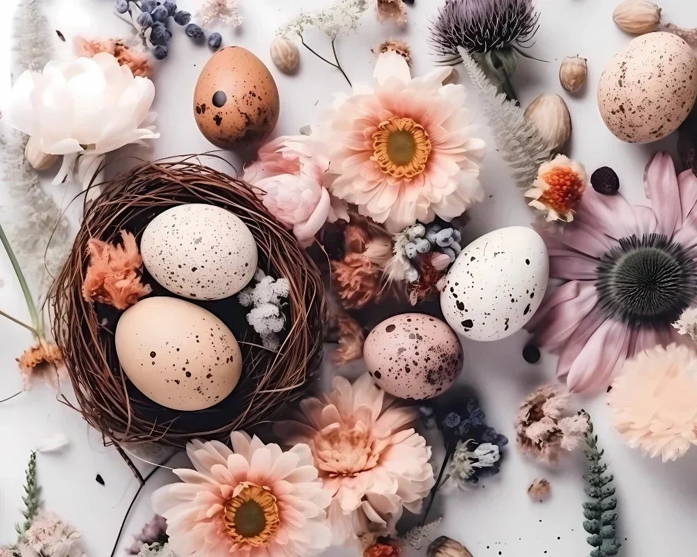 Eggs in a nest surrounded by flowers and decorative elements on a light background represents when is easter 2026