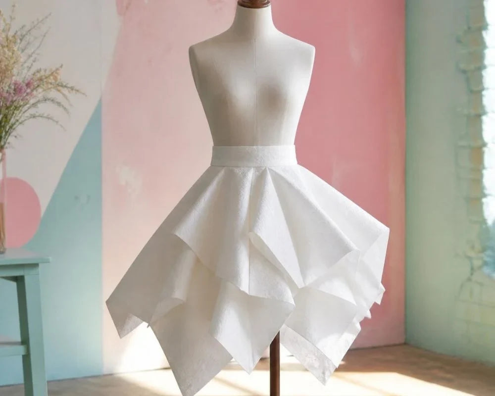 Napkin skirt created from a cloth napkin, showcasing a creative thrift flip fashion trend.