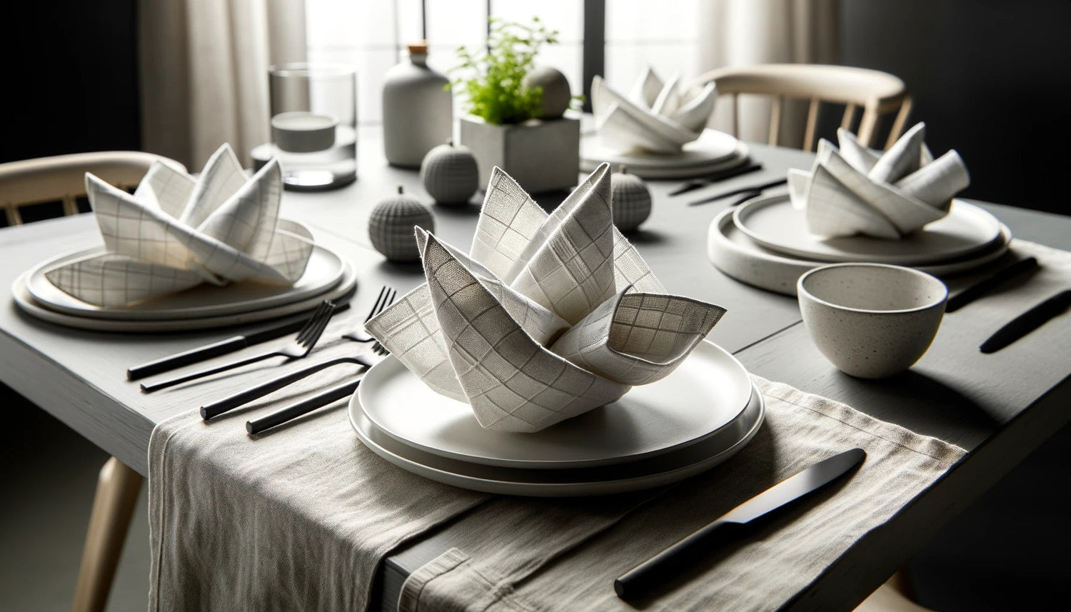 A set of table napkins made from checked linen, neatly folded and arranged on a rustic wooden table. 