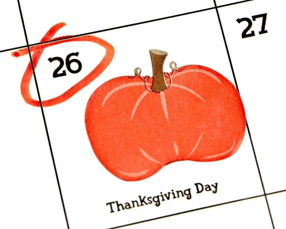 Thanksgiving Day marked on November 26, 2026 calendar with a pumpkin illustration