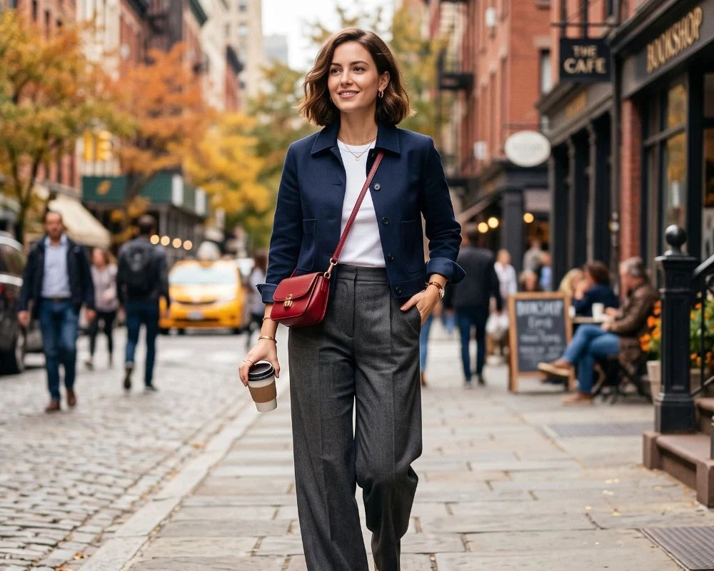 Women's fashion trends 2026 outfit with fitted tee, wide-leg pants and cropped jacket
