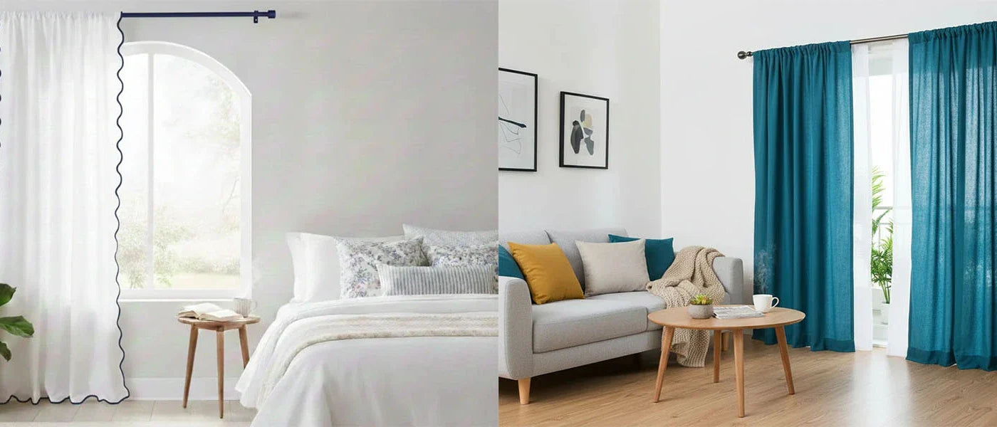 Modern living room with white scalloped edge curtains and teal cotton curtain panels on large windows