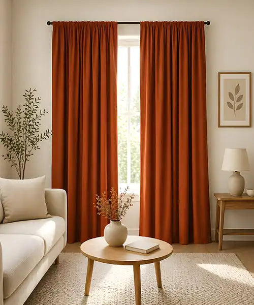 Modern living room with white scalloped edge curtains and teal cotton curtain panels on large windows