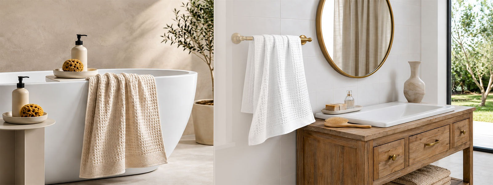 100% cotton waffle towels in a modern bathroom featuring soft, quick-dry waffle weave bath towels for everyday luxury