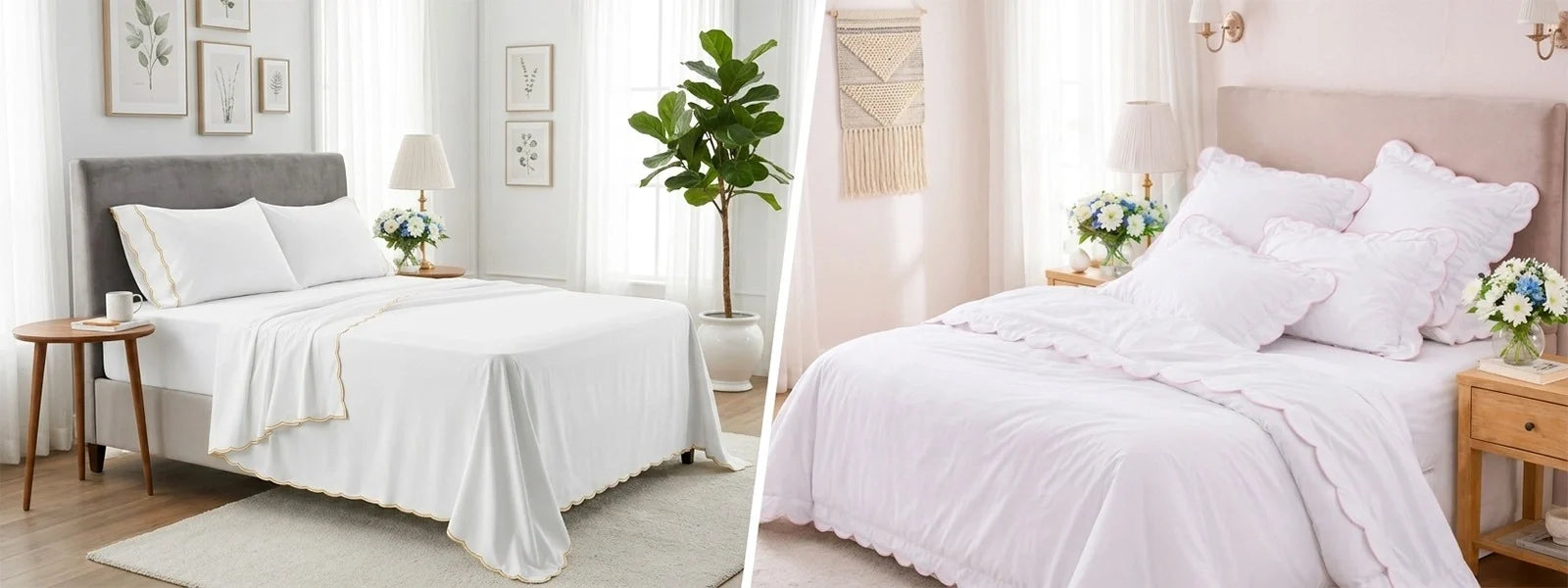 Scalloped bedding collection featuring elegant white and blush pink cotton bedding with scalloped edges