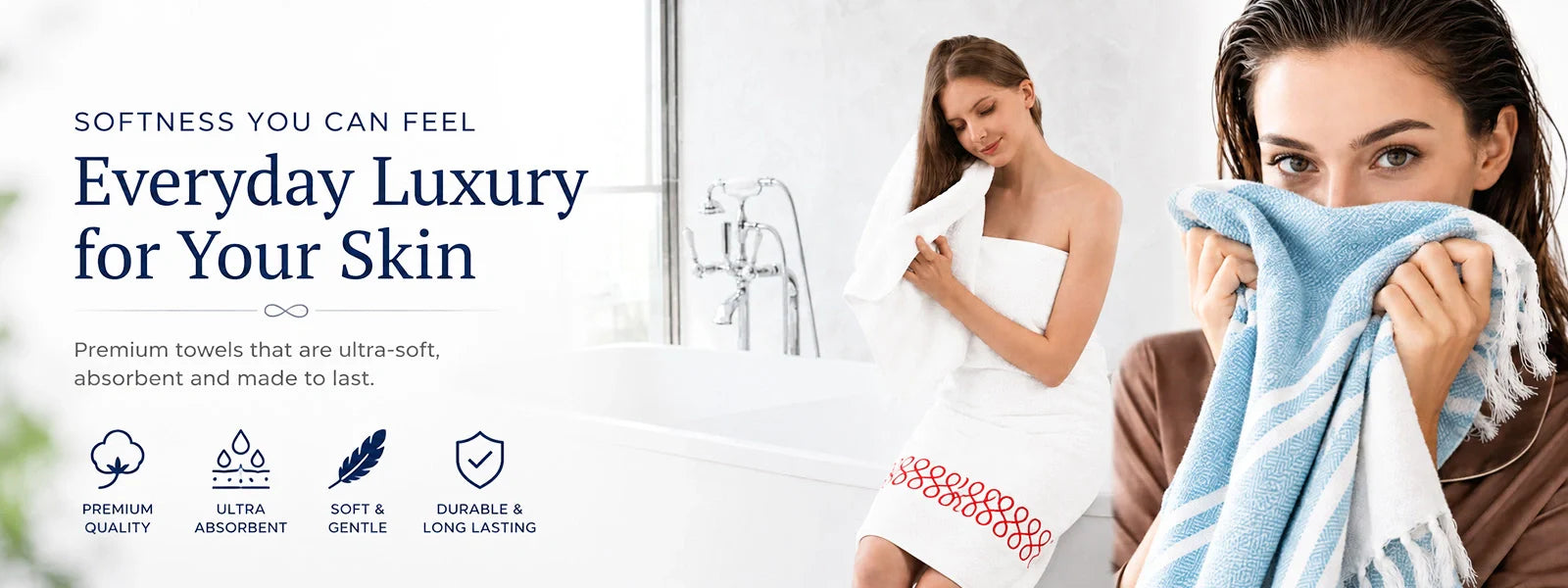 Premium Turkish cotton bath towels banner showcasing soft, absorbent luxury bath towels for everyday use, featuring women enjoying plush white and blue bathroom towels