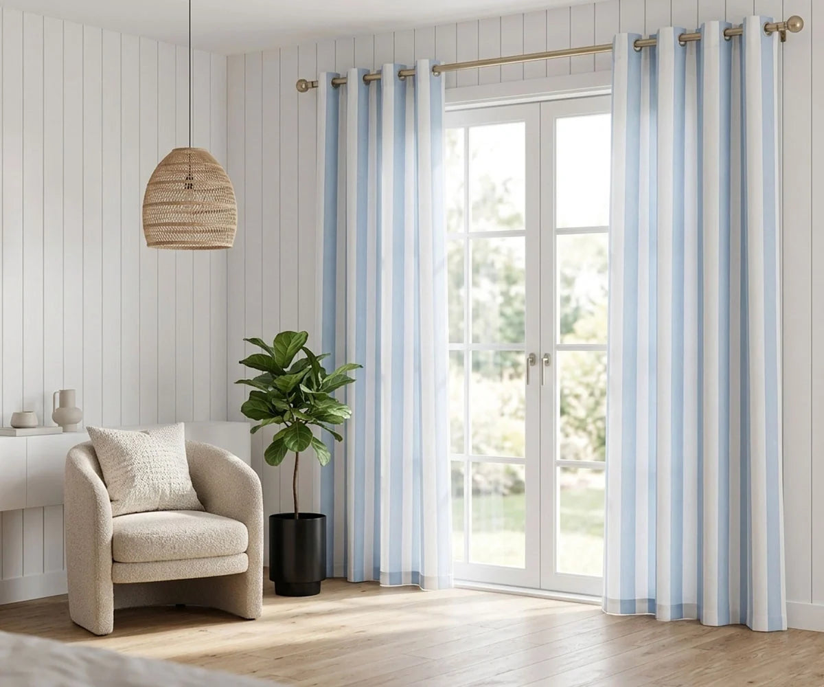 Cabana stripe curtains in blue and white modern farmhouse window panels for living room, bedroom, and coastal home décor