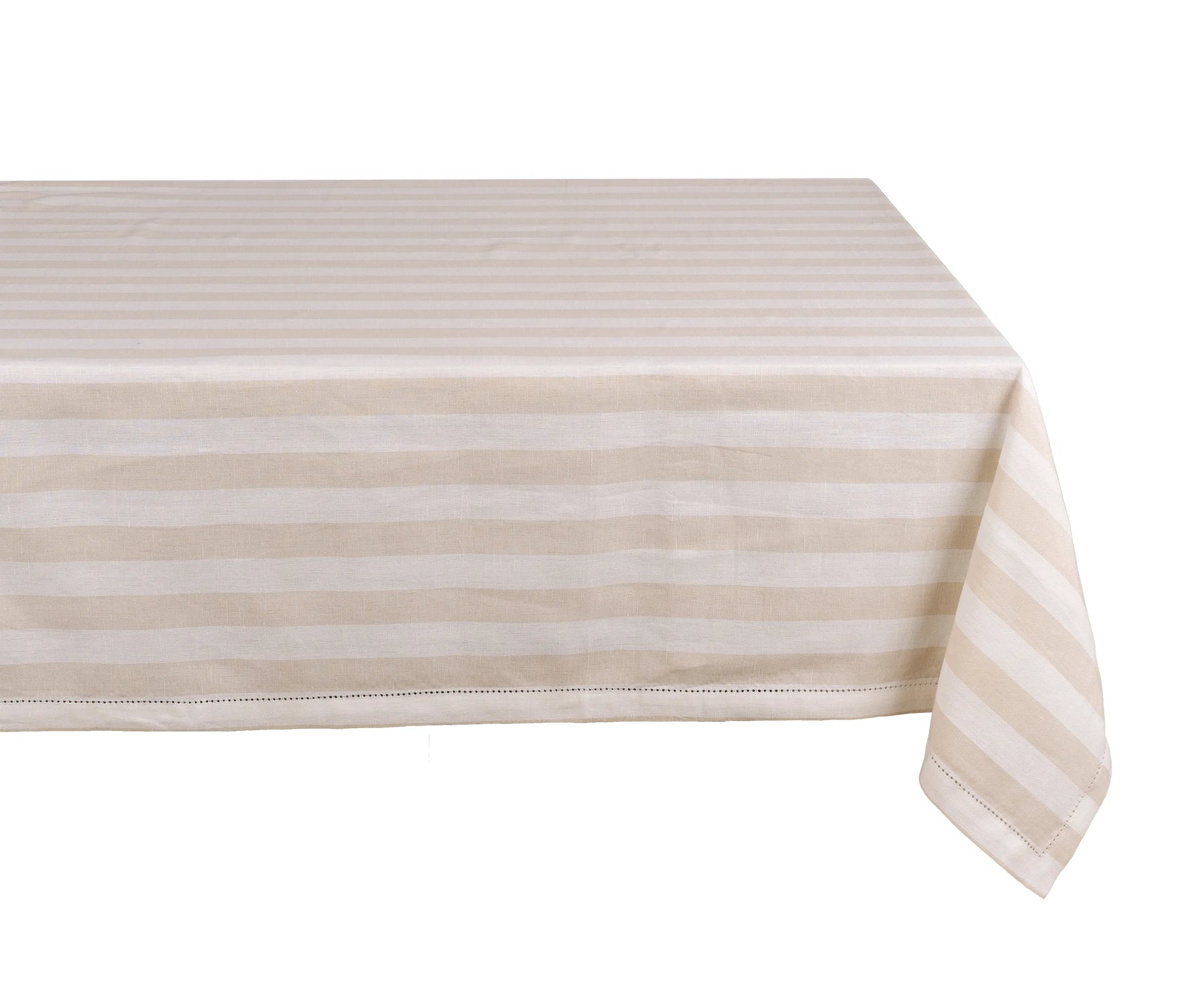 Soft beige striped tablecloth made of 100% cotton draping smoothly over a wooden dining table, perfect for everyday use and special gatherings.