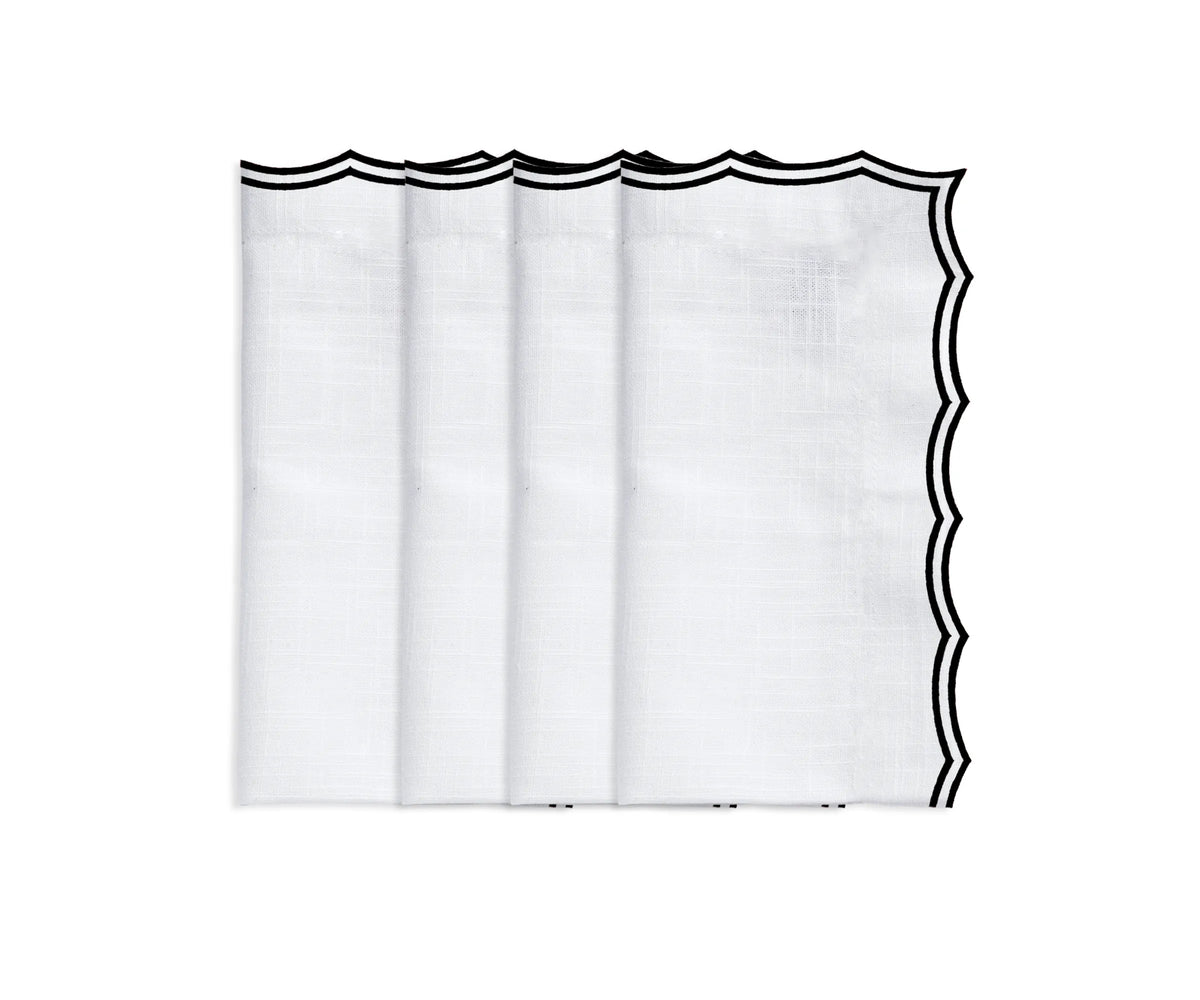 Black embroidered cotton napkins with scalloped edges – set of 12