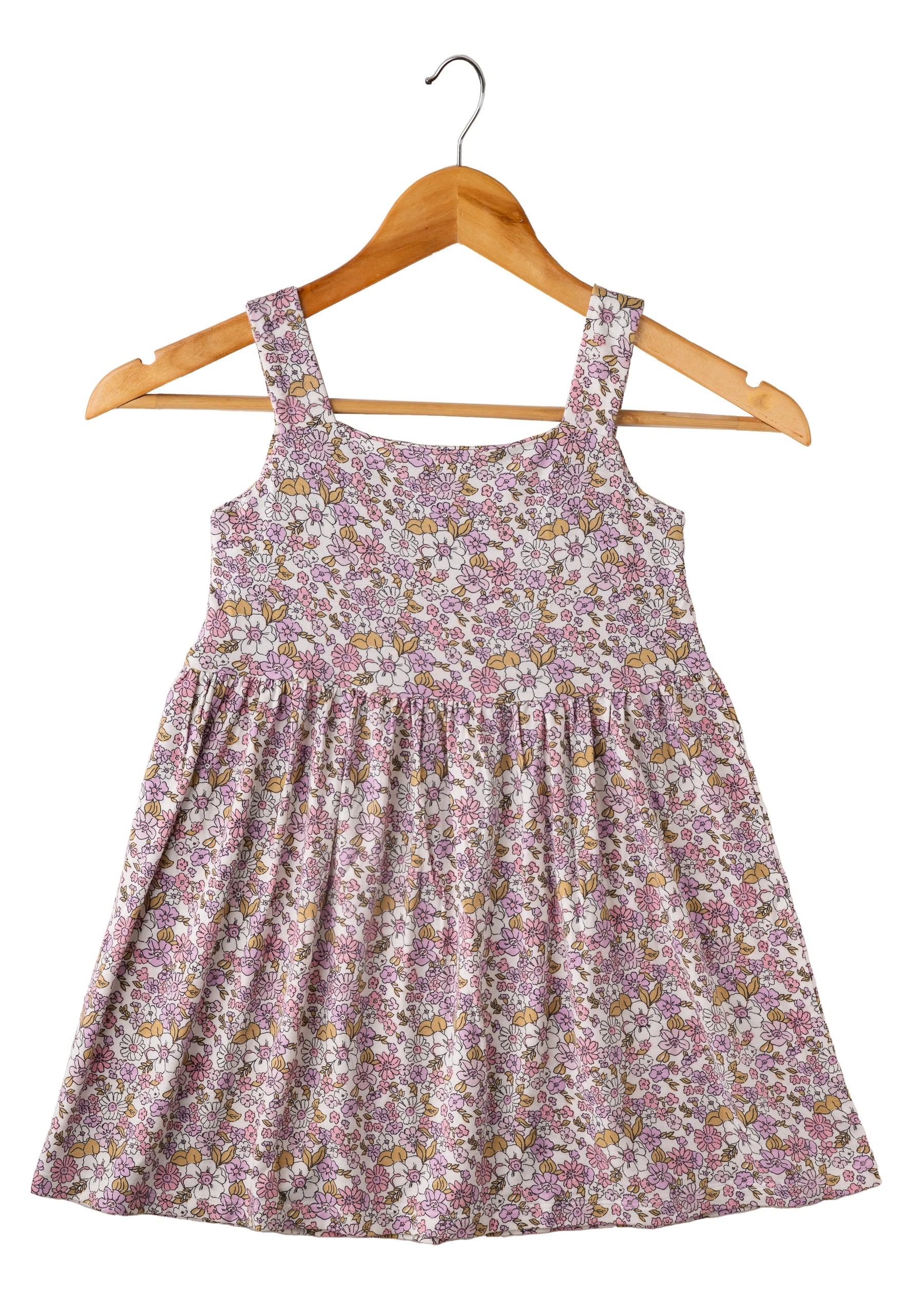 Toddler girl pink floral summer dress – sleeveless 100% cotton outfit for baby girls, perfect for parties and playdates.