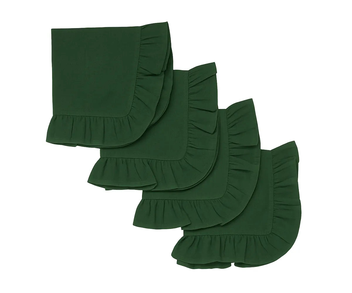 Soft and durable Evergreen ruffle edge cotton napkins in 18x18, 20x20, and 22x22 inch sizes, set of 4, 6, 8, 12, or 24