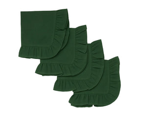 Soft and durable Evergreen ruffle edge cotton napkins in 18x18, 20x20, and 22x22 inch sizes, set of 4, 6, 8, 12, or 24
