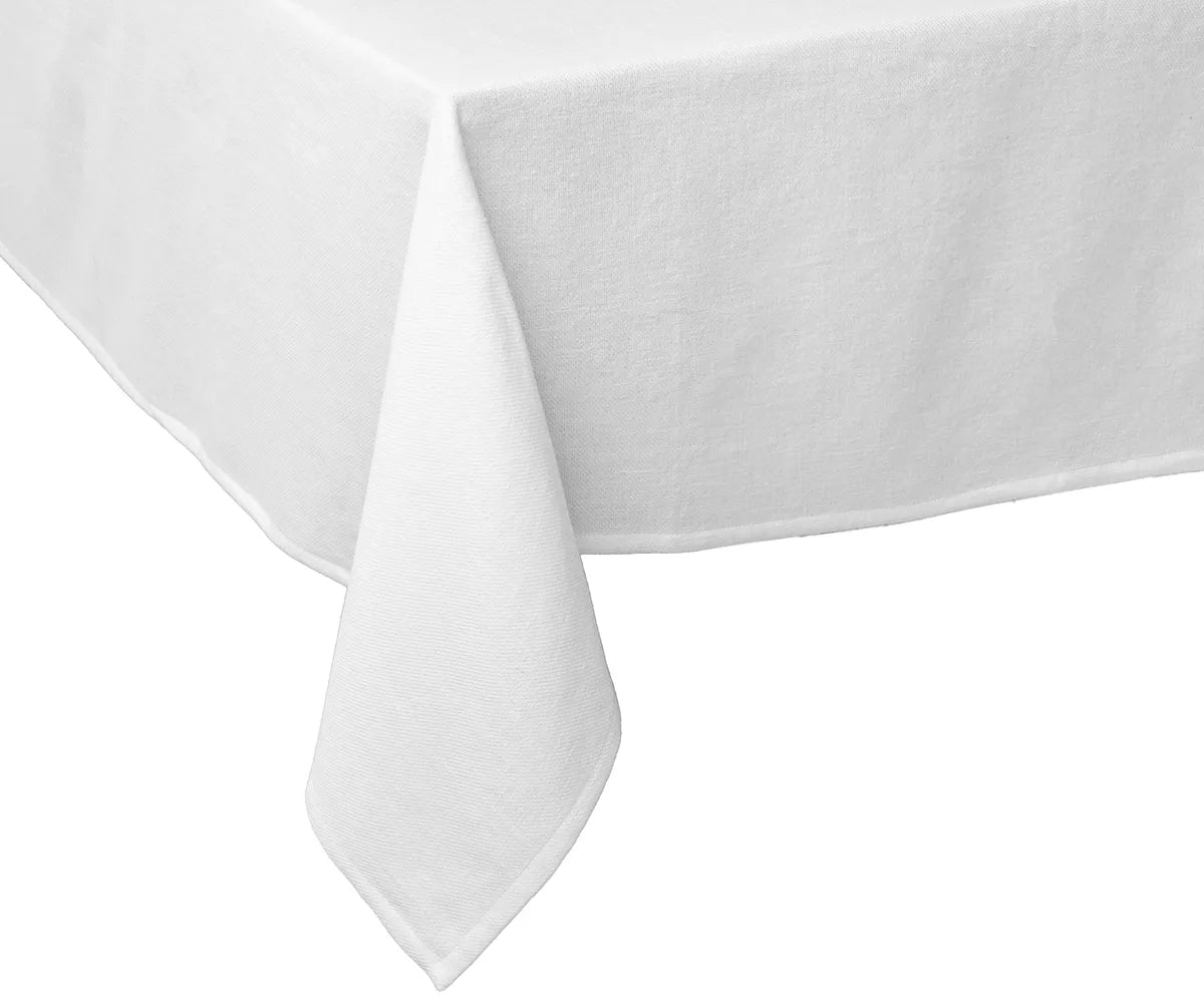 100% cotton white tablecloth, plain and timeless design, machine washable and fade-resistant, ideal for long-lasting use in home or restaurant settings.