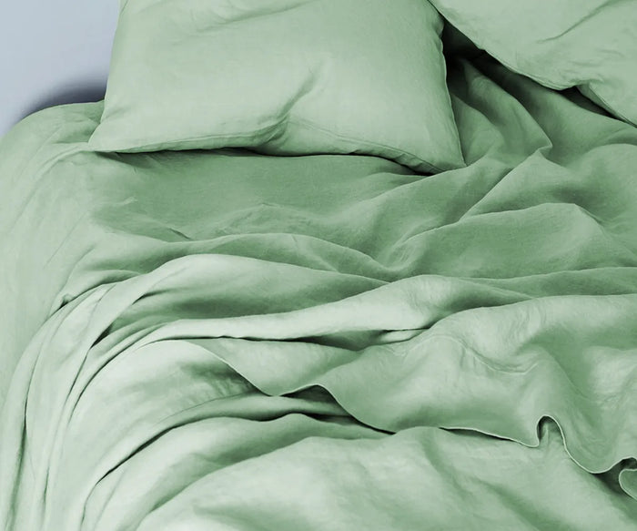 Matcha Green 100% European linen sheets, Bed Sheet Set – Includes Flat Sheet, Fitted Sheet, and Pillowcases