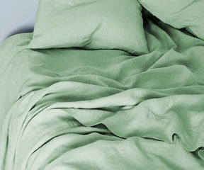 Matcha Green 100% Linen Bed Sheet Set – Includes Flat Sheet, Fitted Sheet, and Pillowcases