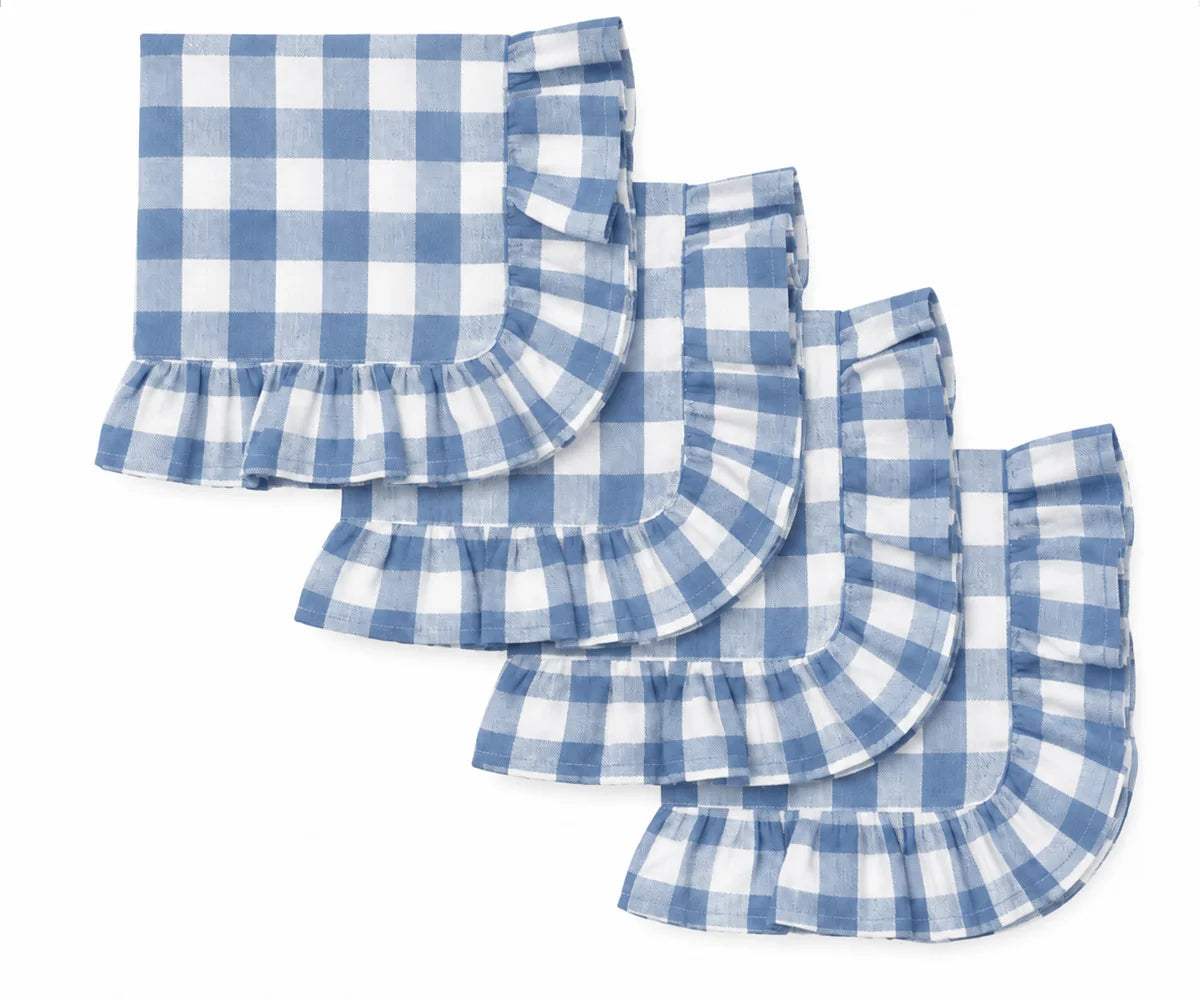 Blue gingham ruffle cloth napkins set of reusable cotton checkered table napkins with scalloped edge