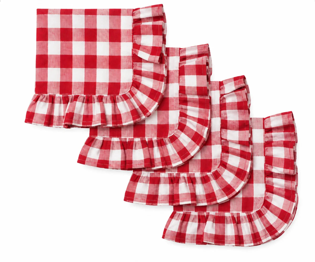 Red gingham ruffle cloth napkins set of reusable cotton checkered table napkins with scalloped edge