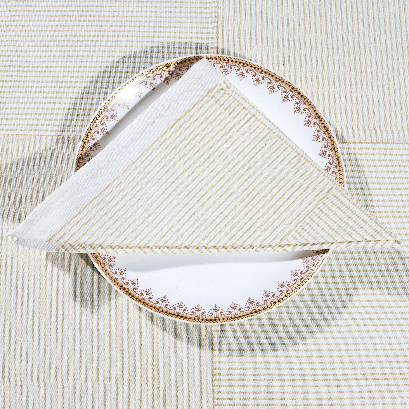 Set of 4 beige cotton printed napkins with block print and striped design – 100% cotton cloth napkins for dining table use