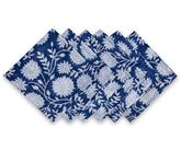 Set of blue floral cotton cloth napkins with white flower print, neatly arranged – perfect reusable floral fabric napkins for dining or events.
