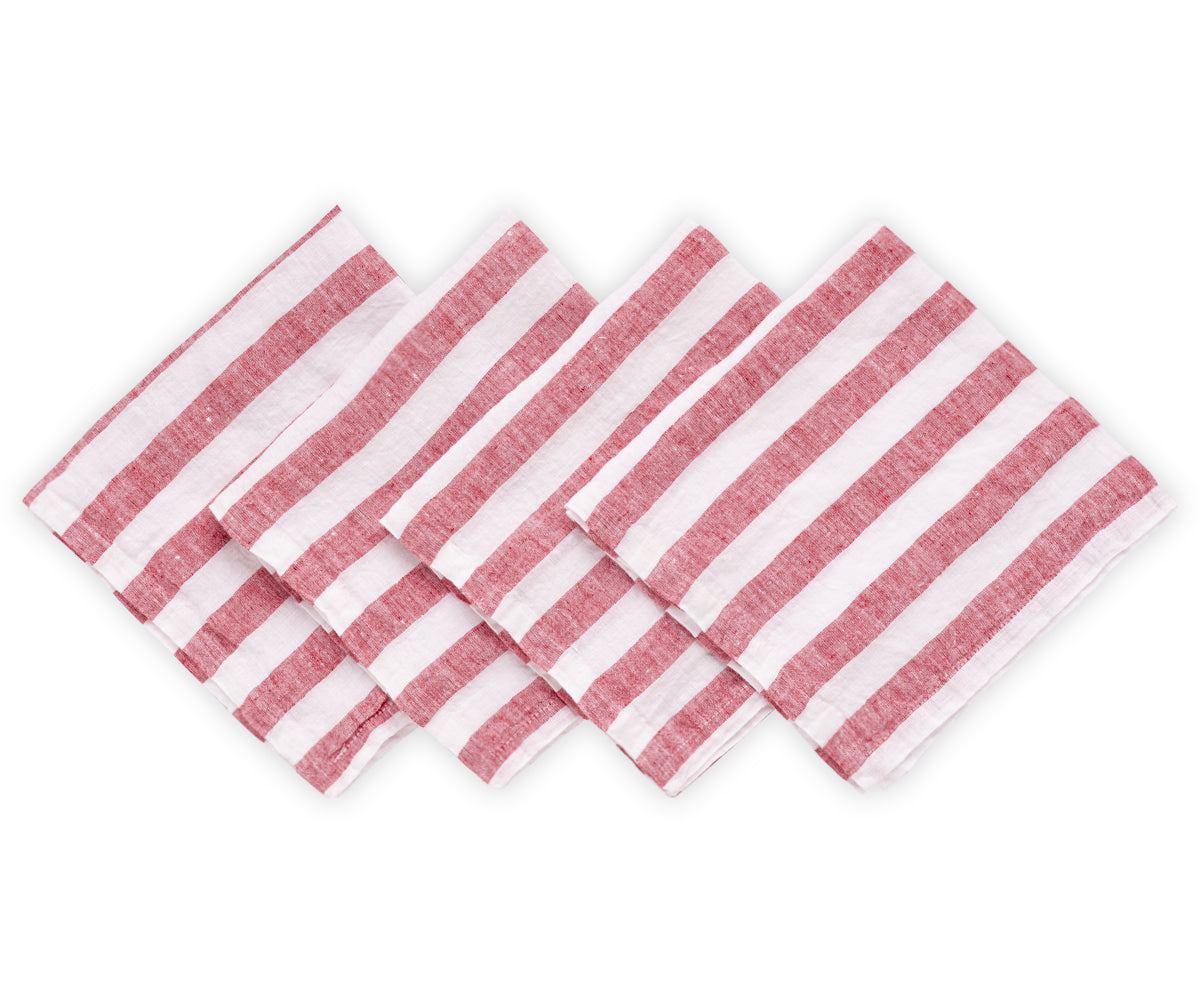 Set of four Italian Stripe Napkins in a vibrant red and white color scheme