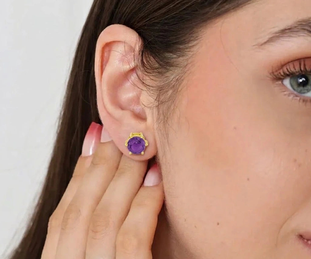 Amethyst stud earrings 14K gold plated with 5mm round gemstone, February birthstone earrings for women, minimalist gold stud earrings with secure push back closure
