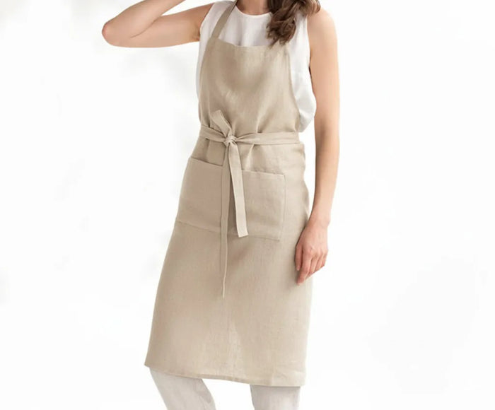 Natural linen blend apron made from 50% linen and 50% cotton, soft, breathable, and durable with adjustable neck strap, perfect for cooking, baking, crafting, or gardening, machine washable for everyday use.