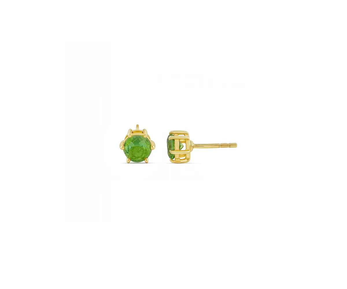 Close-up of Natural Peridot Stud Earrings with a brilliant 5mm round bezel-set green gemstone.
Minimalist Gold Stud Earrings for Women and August birthday gift ideas.