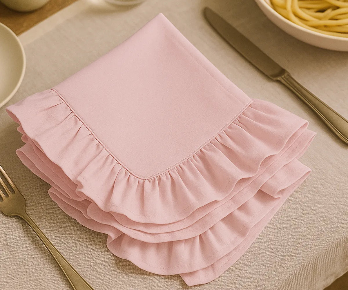 Baby pink farmhouse ruffle cloth napkins made from 100% cotton, soft and durable with a frill edge design, perfect for weddings, bridal showers, parties, and everyday dining table settings.
