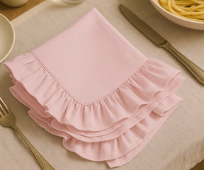 Baby pink farmhouse ruffle cloth napkins made from 100% cotton, soft and durable with a frill edge design, perfect for weddings, bridal showers, parties, and everyday dining table settings.