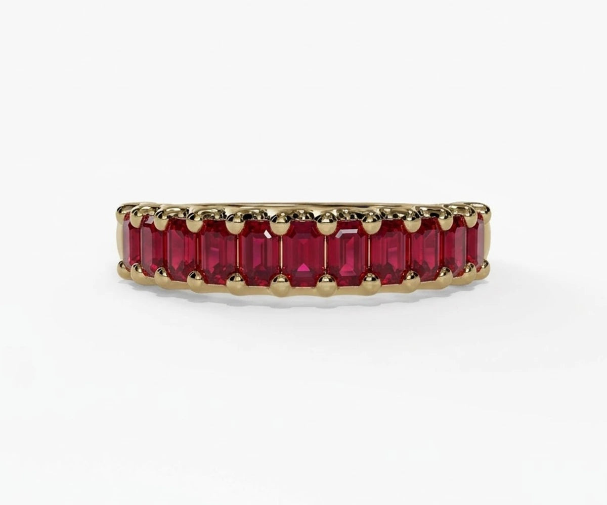 Stackable lab ruby ring with rectangular baguette stones in gold finish