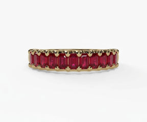 Stackable lab ruby ring with rectangular baguette stones in gold finish