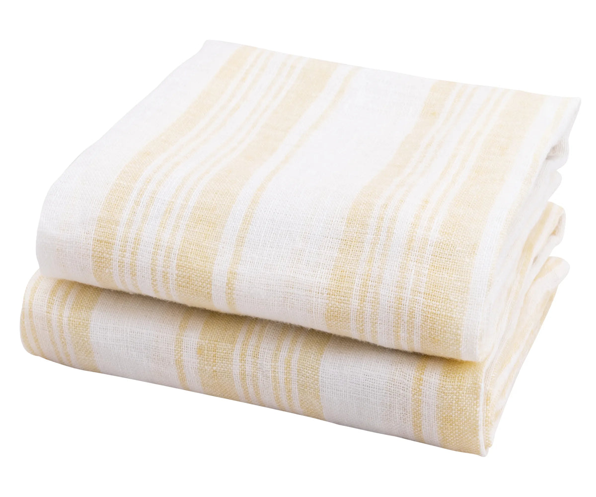 Set of 2 yellow striped linen kitchen towels, 18x28 inches – soft, absorbent, and quick-drying dish towels for farmhouse and modern kitchens.