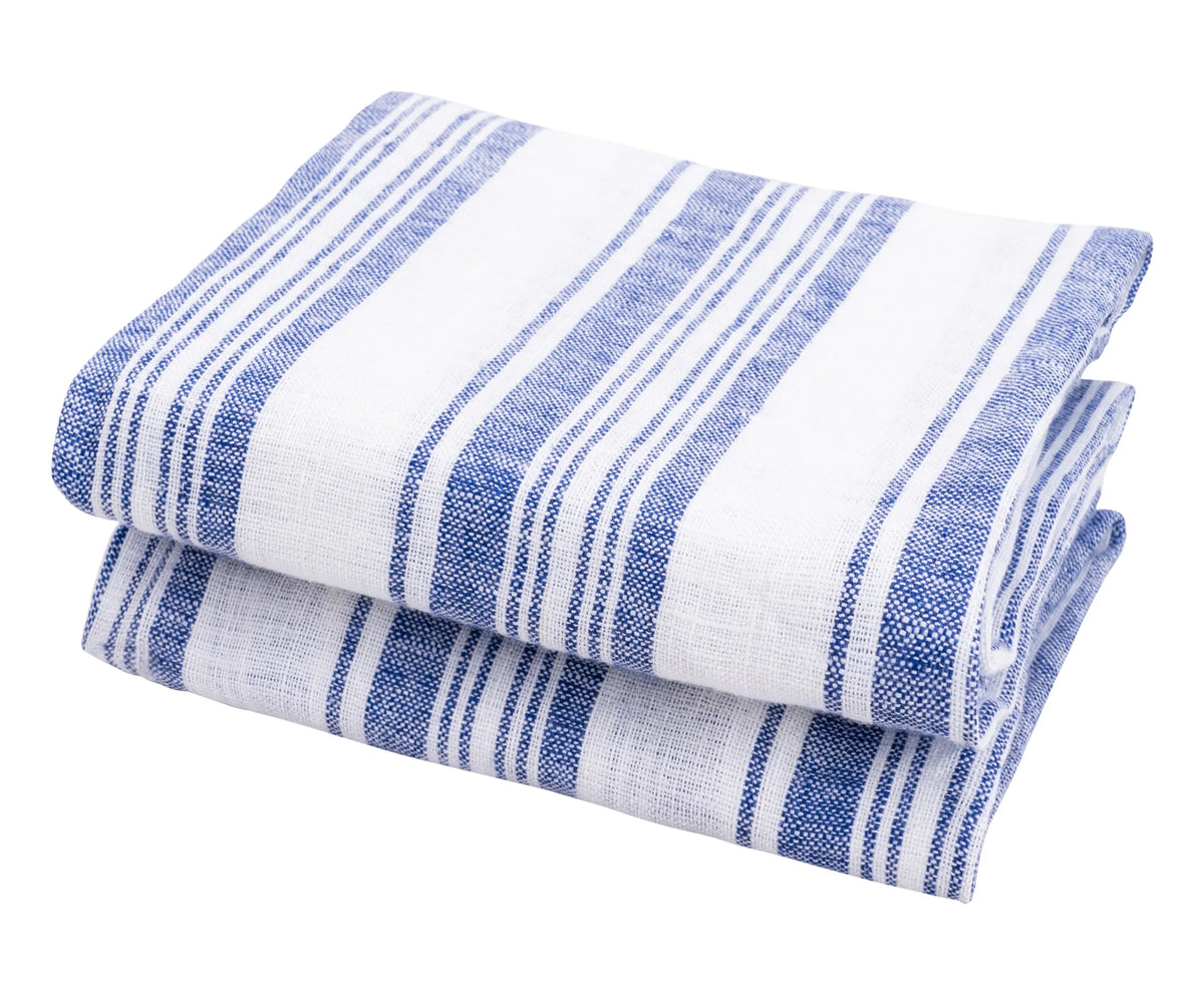 Set of 2 blue striped linen kitchen towels, 18x28 inches – soft absorbent quick-dry dish towels for everyday use.