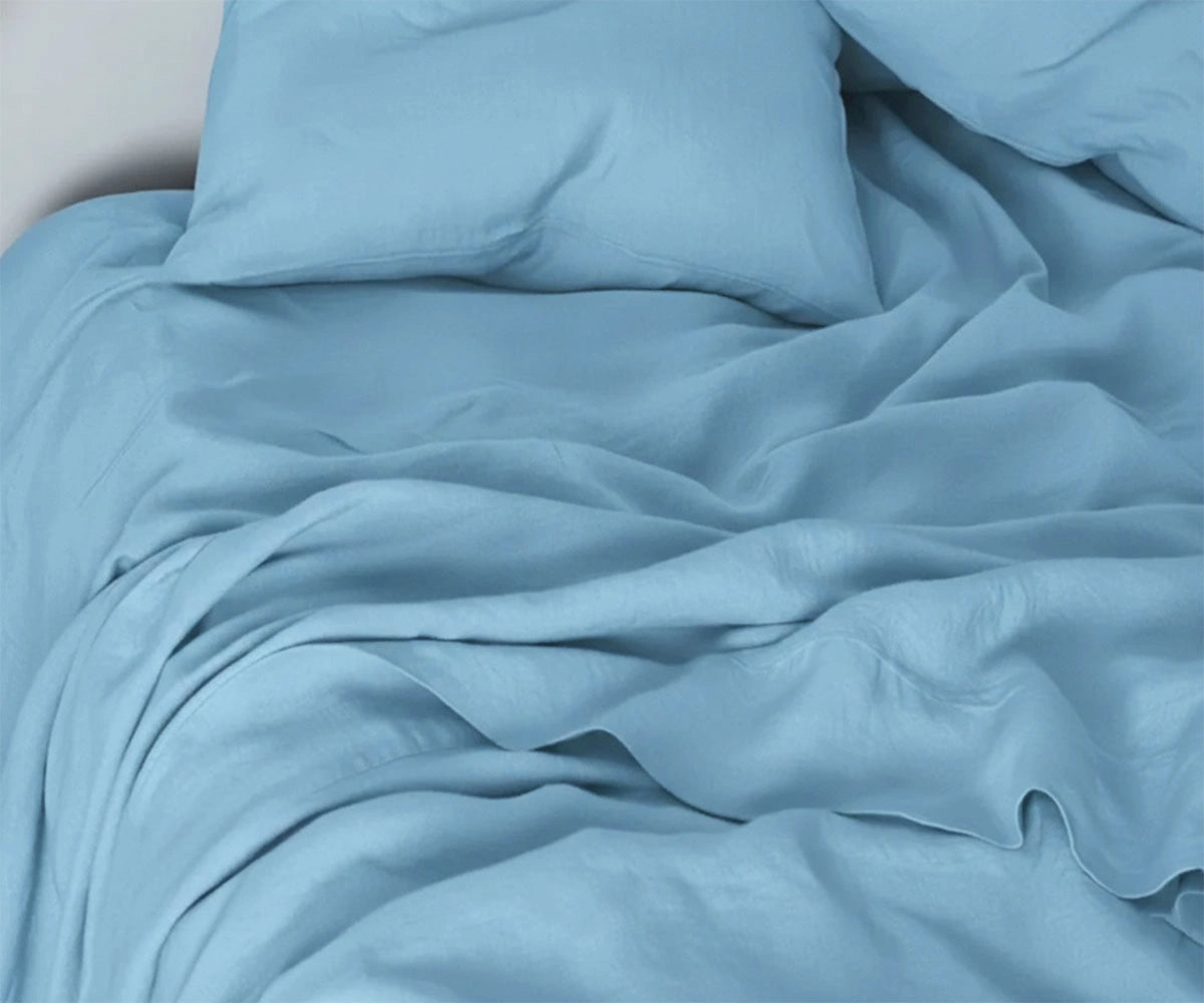 Sky blue linen bed sheets set made from 100% pure linen with breathable fabric and deep pocket fitted sheet