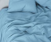 Sky blue linen bed sheets set made from 100% pure linen with breathable fabric and deep pocket fitted sheet