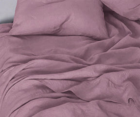 California king mauve color bed sheets with temperature regulating breathable fabric, premium linen bedding set with deep pocket design