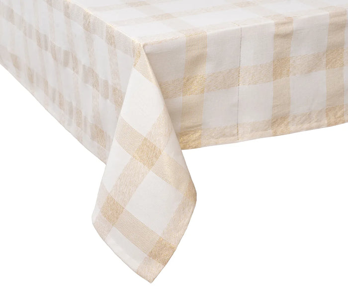 Beige and white buffalo plaid cotton tablecloth with light yellow accents for dining table