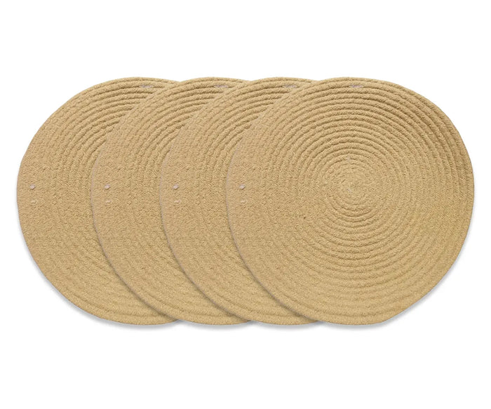 Beige round woven placemats in 14-inch size with a rustic jute texture, adding natural charm and warmth to everyday meals or special occasions.