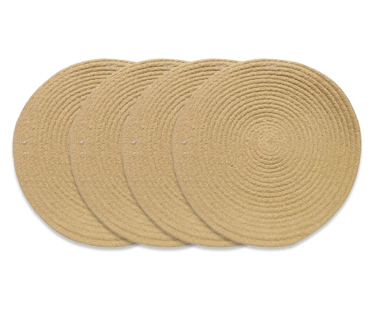 Beige round woven placemats in 14-inch size with a rustic jute texture, adding natural charm and warmth to everyday meals or special occasions.
