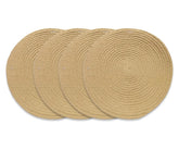 Beige round woven placemats in 14-inch size with a rustic jute texture, adding natural charm and warmth to everyday meals or special occasions.