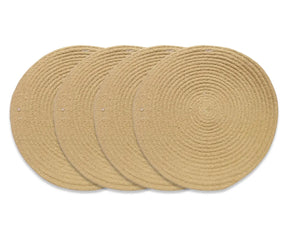 Beige round woven placemats in 14-inch size with a rustic jute texture, adding natural charm and warmth to everyday meals or special occasions.