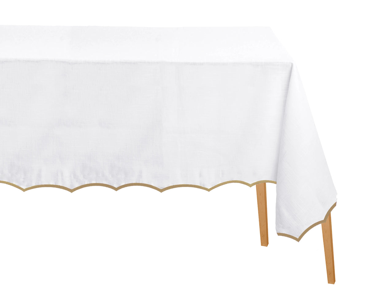 Elegant beige scalloped tablecloth crafted from 100% cotton with scallop edge, ideal for weddings and formal dining.