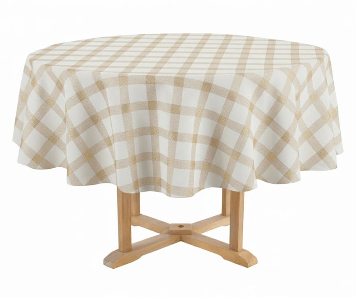 Classic beige and white round cotton tablecloth with clean hemmed edges